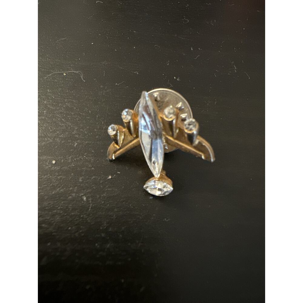 Vintage 1970s Airplane Lapel Pin Gold Tone With Rhinestones